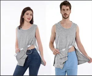 Close-up view of velcro side fasteners on a grey surgery recovery adaptive tank top