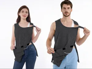 Detail of unisex dark grey post-surgery adaptive tear-away recovery shirt