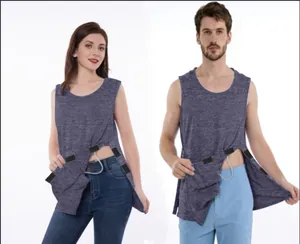 Detail view of medical catheter access points on unisex post-surgery recovery tank top