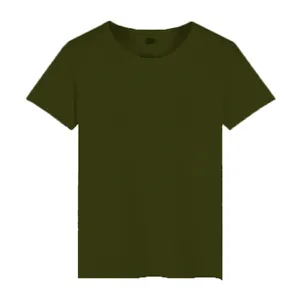 Detail view showing the classic crew-neck and fabric of this olive green men's T-shirt.