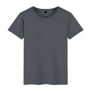 Detail of a men's plain dark grey crew neck t-shirt with soft fabric texture