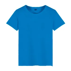 Detailed front view of a minimalist bright blue short-sleeved crew neck T-shirt for men