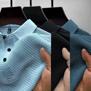 Premium mesh ice silk polo shirts for men in light blue, black and navy blue options
