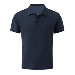 High-quality men's navy blue waffle knit mesh polo shirt with short sleeves and buttons