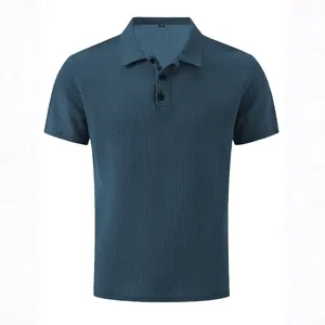 High-quality men's blue waffle knit short sleeve polo t-shirt with breathable mesh
