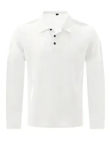 Polo blanc à manches longues en soie glacée pour hommes avec texture gaufrée