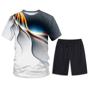 Herren Sommer-Zweiteiler mit 3D abstraktem Flammen-T-Shirt und passenden Shorts