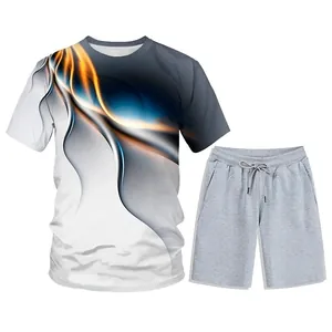Herren-Set aus 3D-Digitaldruck-T-Shirt und grauen Shorts mit abstraktem Flammenmuster