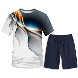 Herren Sommer Set 2-teilig mit 3D Digital Flammenprint T-Shirt und blauen Shorts