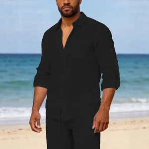 Classic men's solid black linen long-sleeved shirt for casual beach wear with lapel