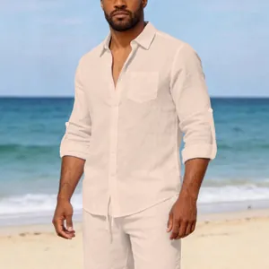 Premium Men's off-white linen long sleeve button-down beach shirt and shorts set