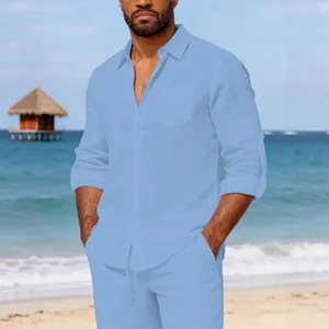 Light blue men's linen beach set featuring long sleeve button-down shirt and shorts