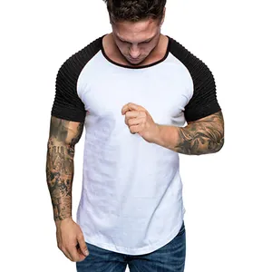 T-Shirt Homme Coupe Ajustée Manches Raglan Courtes Color Block Texturé Muscle Tee Ourlet Arrondi Mélange Coton Sport