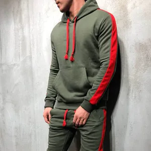Survêtement à capuche pour hommes vert olive avec bandes latérales rouges sport