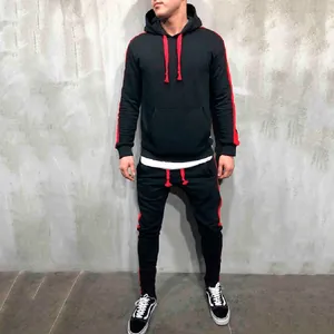 Survêtement noir pour homme avec bandes latérales rouges et ensemble à capuche