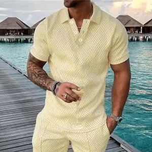 Men's summer fashion polo set in light yellow with stylish 3D geometric printed patterns