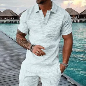 Summer men's polo shirt set with 3D geometric pattern on a resort background