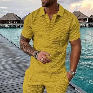 Stylish men's summer casual yellow polo shirt set with unique 3D geometric texture pattern