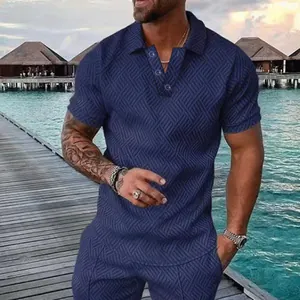 Close-up of men's navy blue polo shirt featuring geometric 3D pattern texture