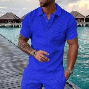 Men's summer blue polo shirt set with geometric 3D pattern against a tropical resort