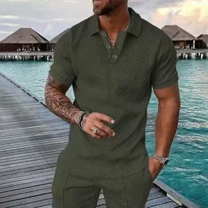Close-up detail showing olive green men's casual polo set with 3D geometric pattern