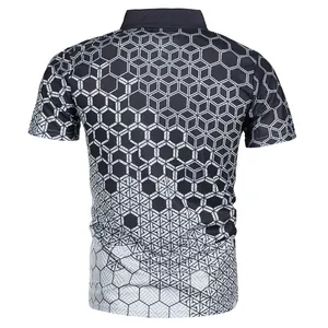 Back view of men's short-sleeved polo shirt with 3D geometric hexagonal print pattern.