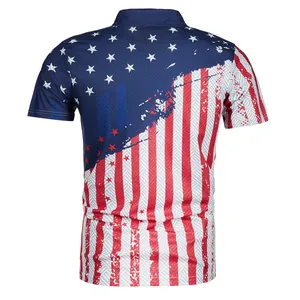 Back view of men's summer casual polo shirt featuring a vivid American flag 3D print