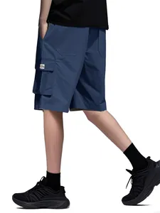 Detailed side view of navy blue men's cargo shorts with functional pockets and tag