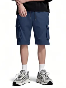 Full view of men's navy blue cargo shorts with multi-pockets and drawstring waist