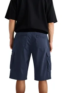Rear view of dark blue men's cargo shorts featuring a functional multi-pocket design