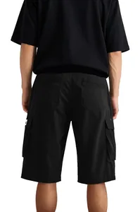 Detailed back view of men's black cargo shorts featuring multiple functional utility pockets