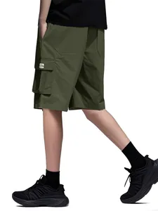 Close-up view of army green cargo shorts featuring a functional multi-pocket design