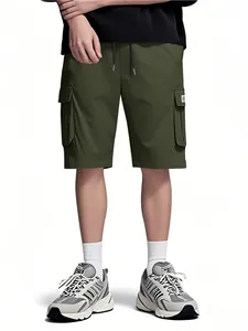 Close-up detail of military green men's cargo shorts featuring multi-pocket design