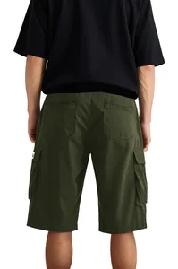 Back view of relaxed fit men's olive green cargo shorts featuring multiple utility pockets
