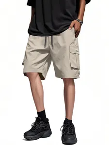 Detailed view of men's loose khaki cargo shorts featuring a multi-pocket design