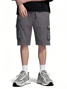 Front view of men's gray cargo shorts with multi-pocket design