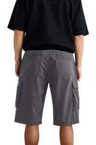 Back view of men's loose dark gray cargo shorts with multiple functional pockets