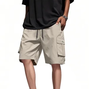 Men's casual loose khaki cargo shorts with multi-pockets and drawstring waist for summer