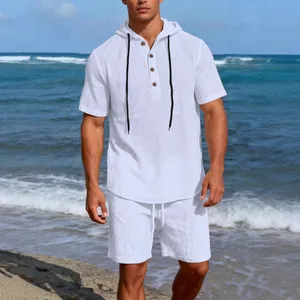 Men Linen Blend Casual Summer Hooded Top And Bottom Solid Color Breathable Short Sleeve Beach Vacation Leisure Suit