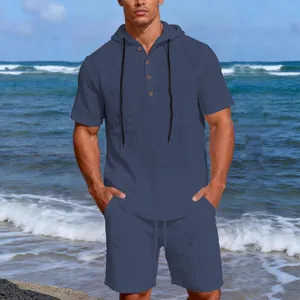 Men's blue casual linen set featuring a hooded short sleeve shirt and matching shorts