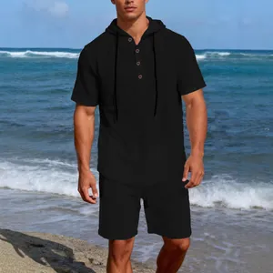 Men's stylish black linen hooded short sleeve shirt and matching shorts set for beach