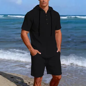 Men's casual black linen hooded short-sleeve shirt and shorts set for beach vacation