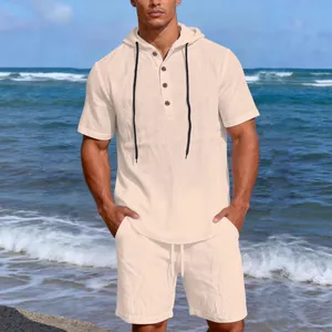 Men's two-piece linen casual set featuring short-sleeve hoodie and matching shorts.