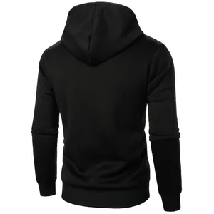 Back view detail of a classic black men's casual hooded sweatshirt with ribbed cuffs