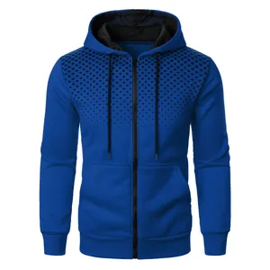 Men's casual blue zip-up hoodie with black polka dot shoulder print and drawstring
