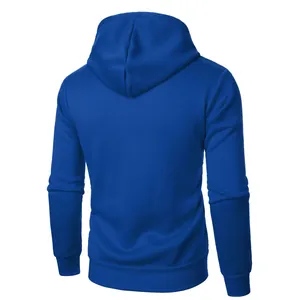 Back view of a vibrant royal blue men's casual hooded sweatshirt with ribbed cuffs