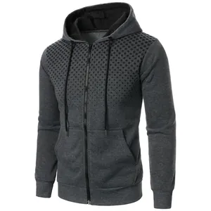 Detail view of men's dark grey zip-up hoodie featuring 3D dotted gradient print