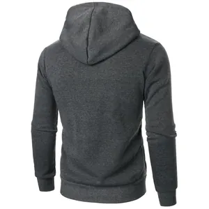 Detailed back view of a charcoal grey men's casual hooded sweatshirt with ribbed cuffs.