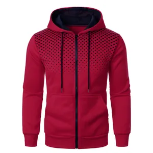 Men's casual red zip-up hoodie featuring a stylish black polka dot gradient print