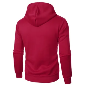 Back view of a plain red men's casual long-sleeved zip-up hoodie with drawstring hood